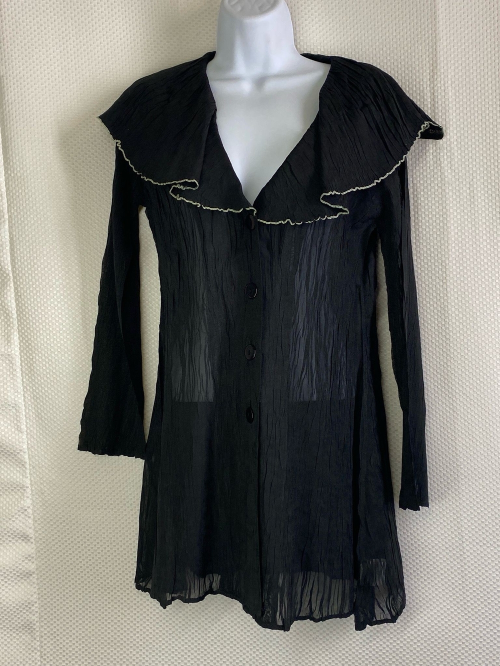 Black Sheer Pleated Blouse Oversized Ruffle Collar Size 38 ( M ) Goth Boho
